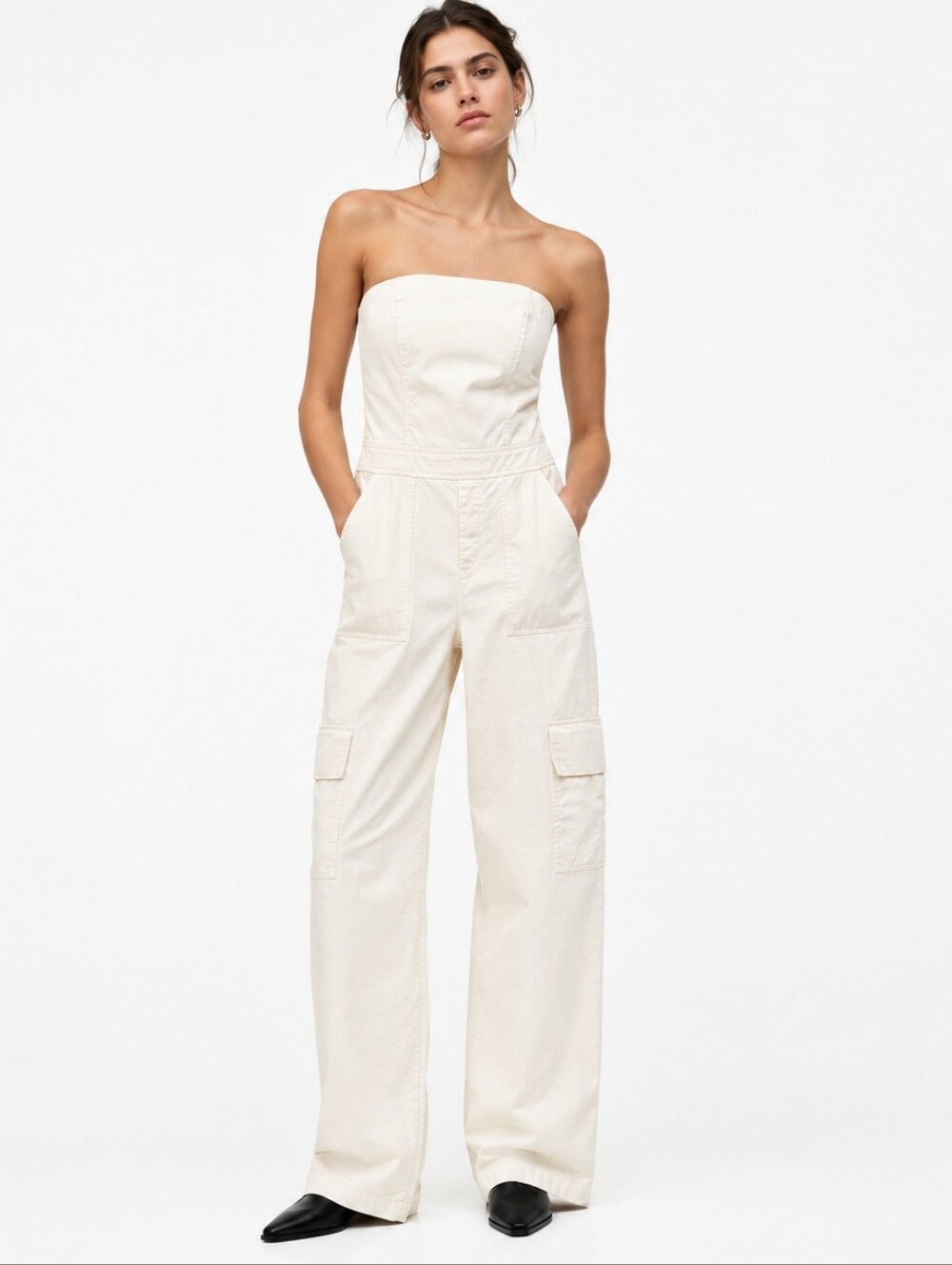 Zara Women Strapless Cargo Jumpsuit Cream Cotton Wide Leg Utility Romper Size L